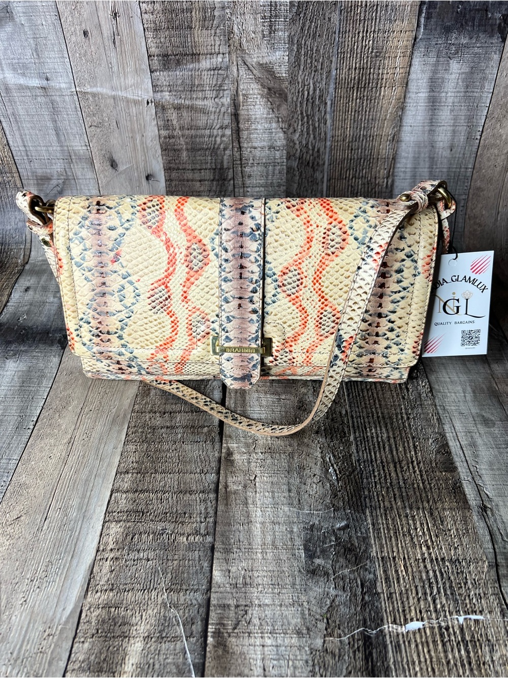 Brahmin Multicolor Snakeskin Embossed Leather Baguette Flap Bag